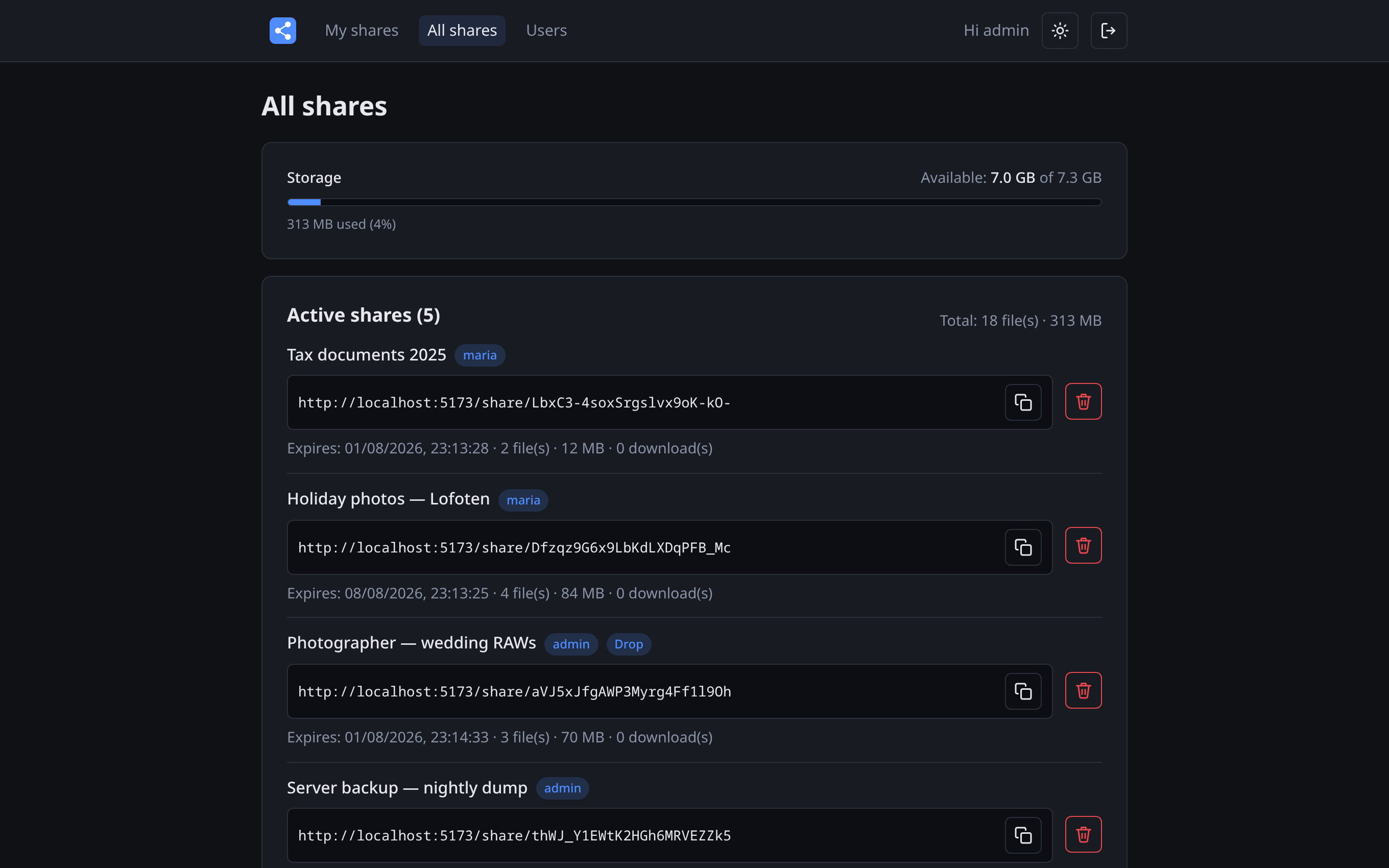 All shares admin page listing every share in the system with owner, expiry, file count, size and delete buttons