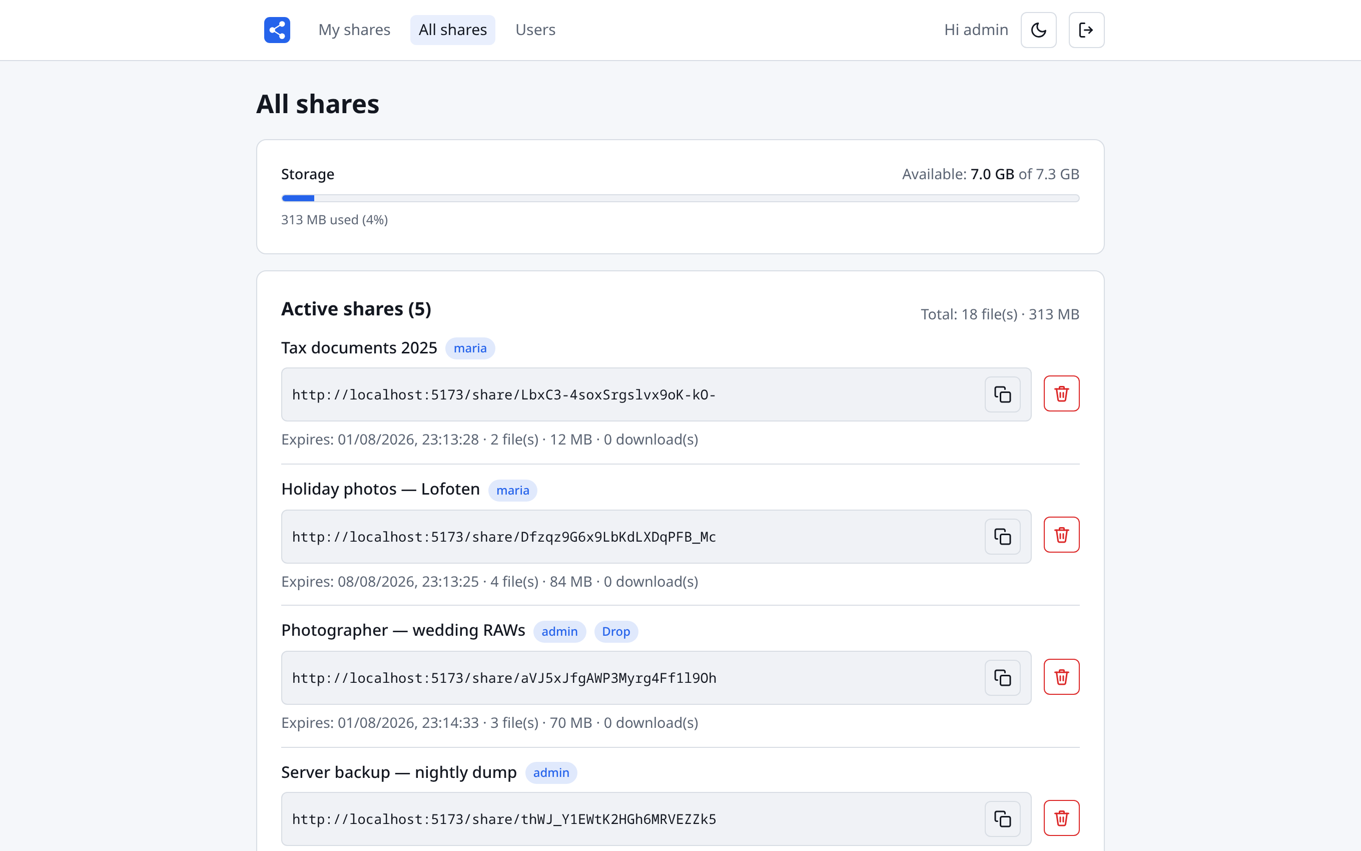 All shares admin page listing every share in the system with owner, expiry, file count, size and delete buttons
