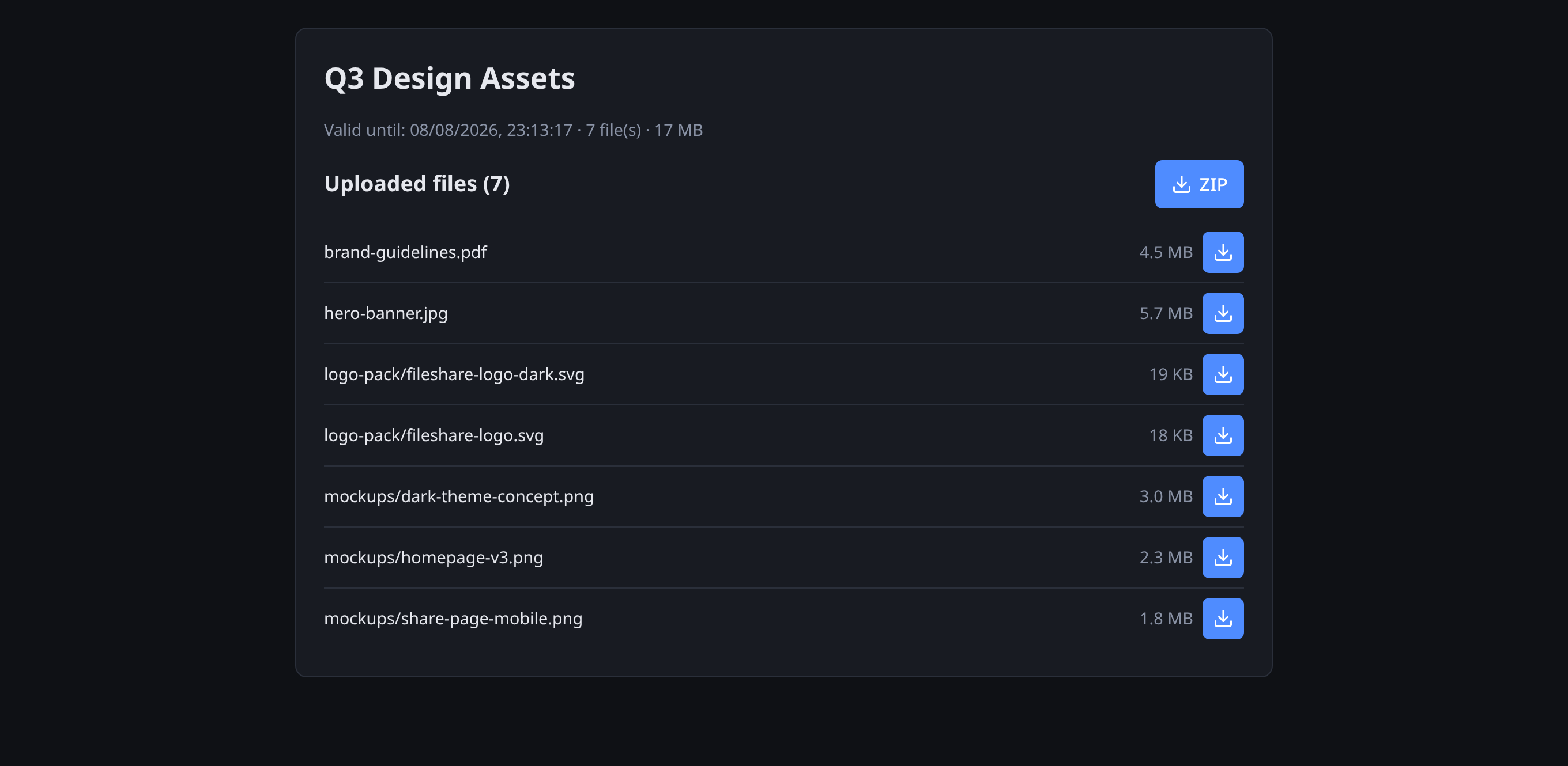Public share page after entering the password: validity, file count and size, a ZIP button and the file list with individual download buttons