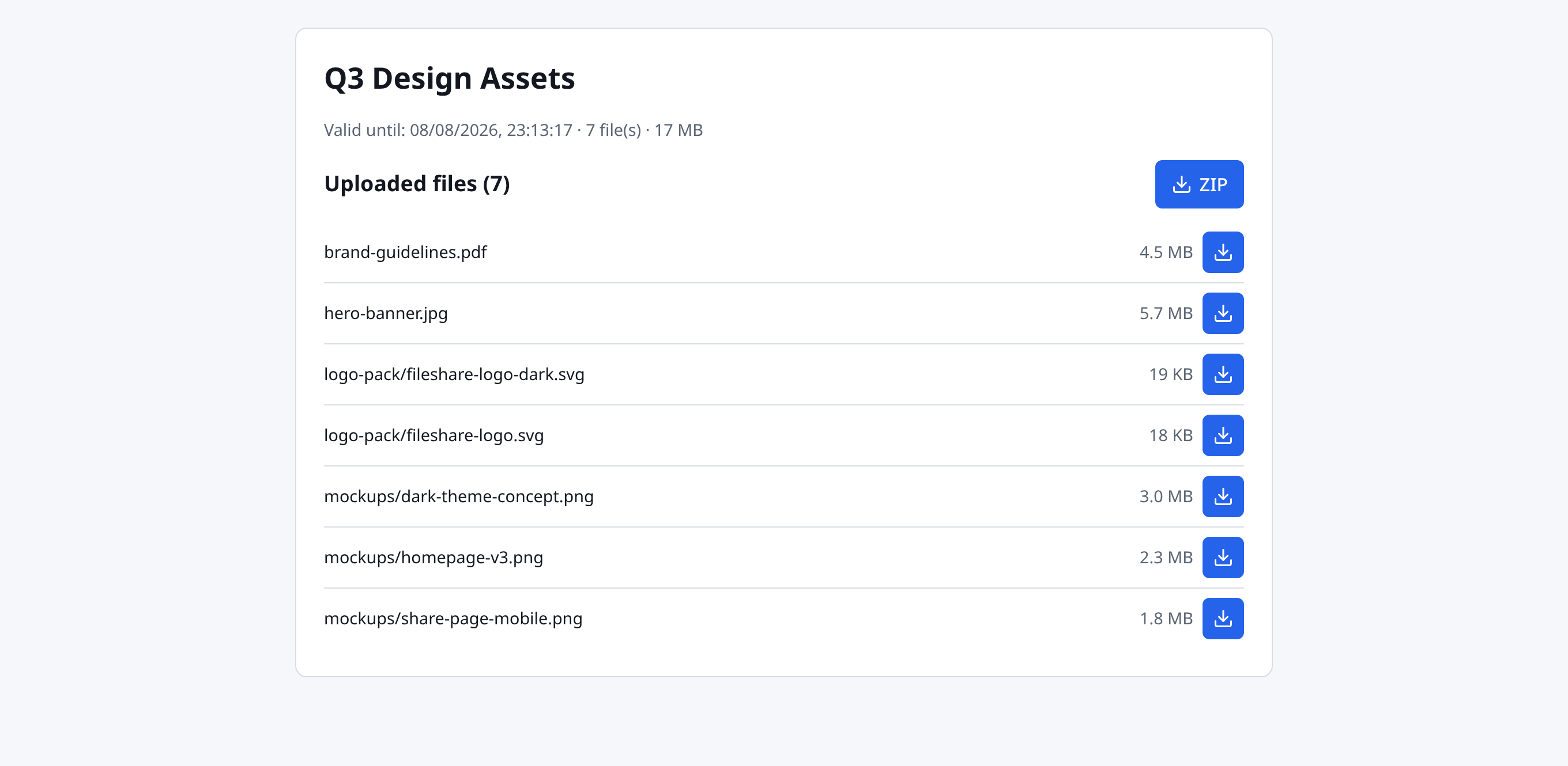 Public share page after entering the password: validity, file count and size, a ZIP button and the file list with individual download buttons