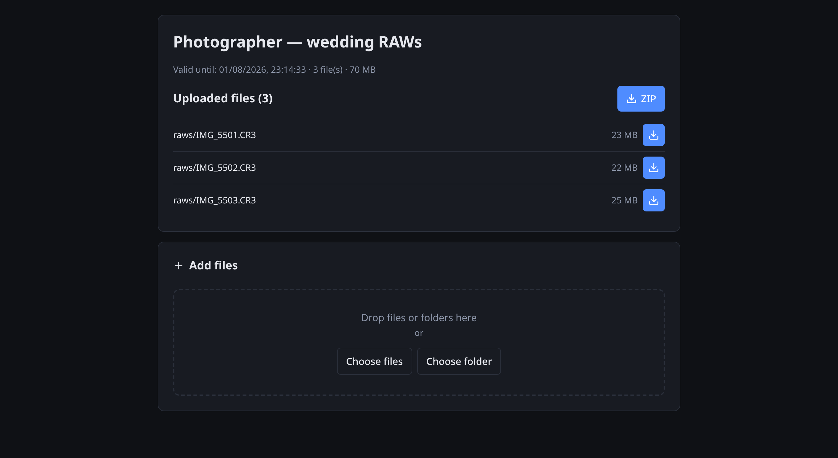 Public drop-mode share page: the uploaded file list with ZIP download plus an Add files card with a drag-and-drop zone and Choose files / Choose folder buttons
