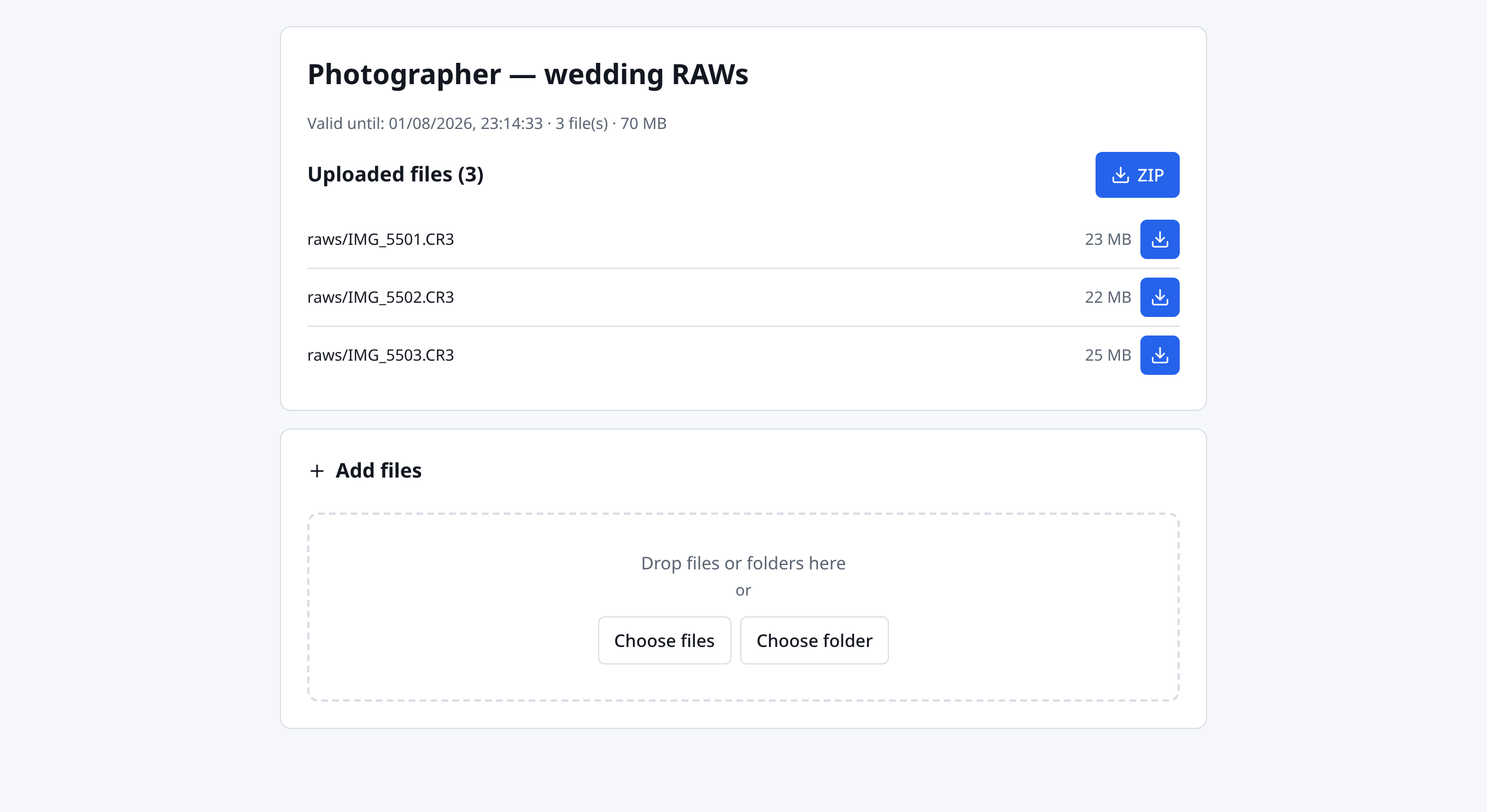Public drop-mode share page: the uploaded file list with ZIP download plus an Add files card with a drag-and-drop zone and Choose files / Choose folder buttons