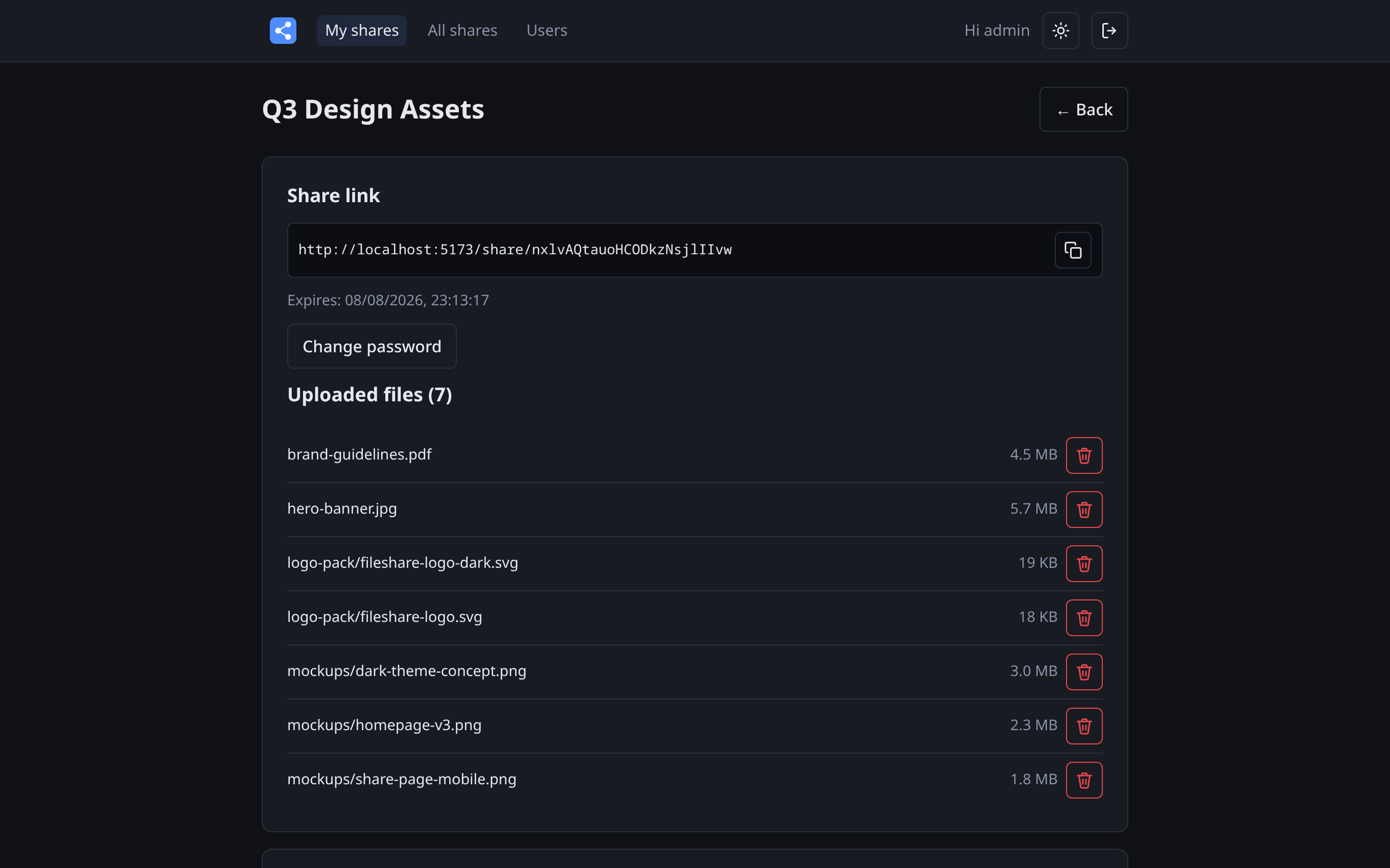 Share detail page: the share link with copy button, expiry date, change-password button and the list of uploaded files with folder paths