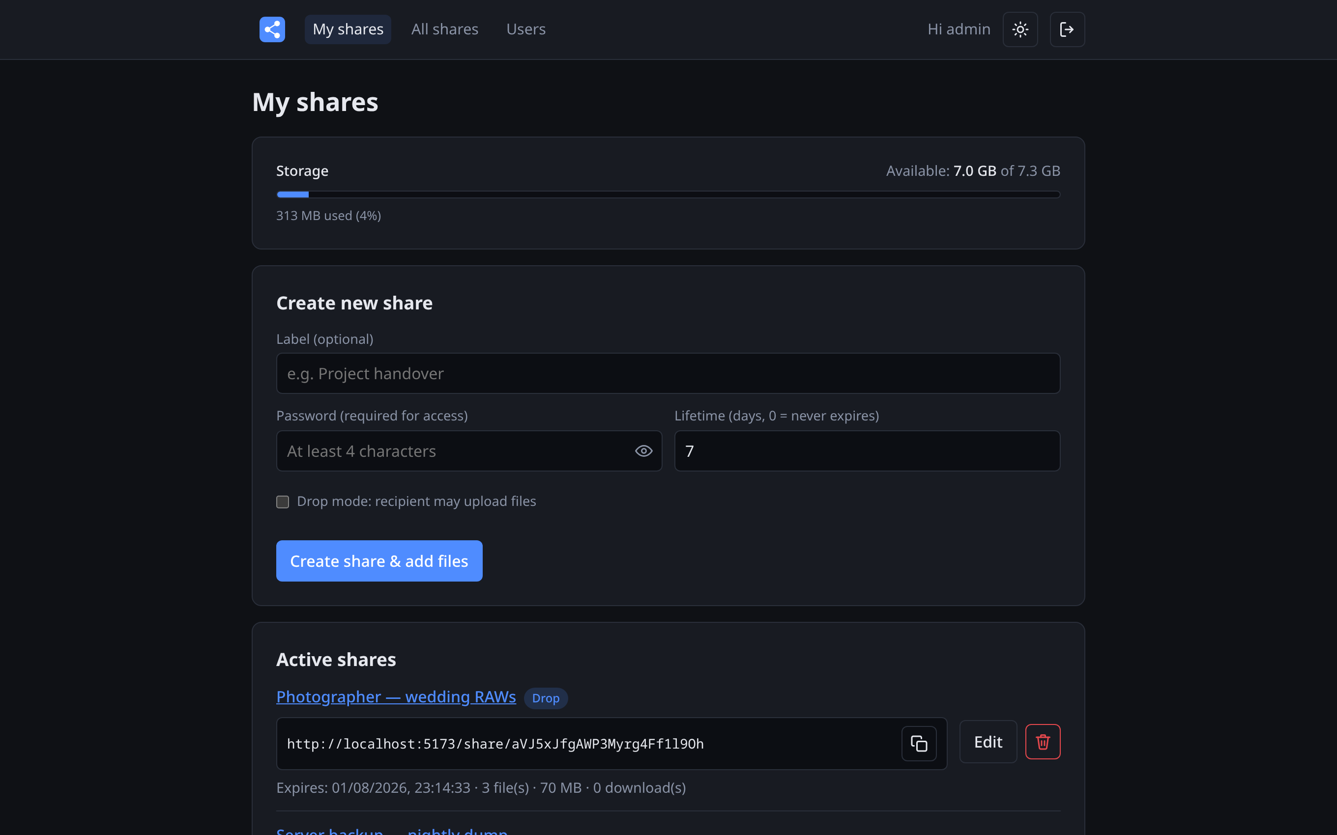 The My shares page: storage bar, the create-share form with label, password and lifetime fields, and the list of active share links