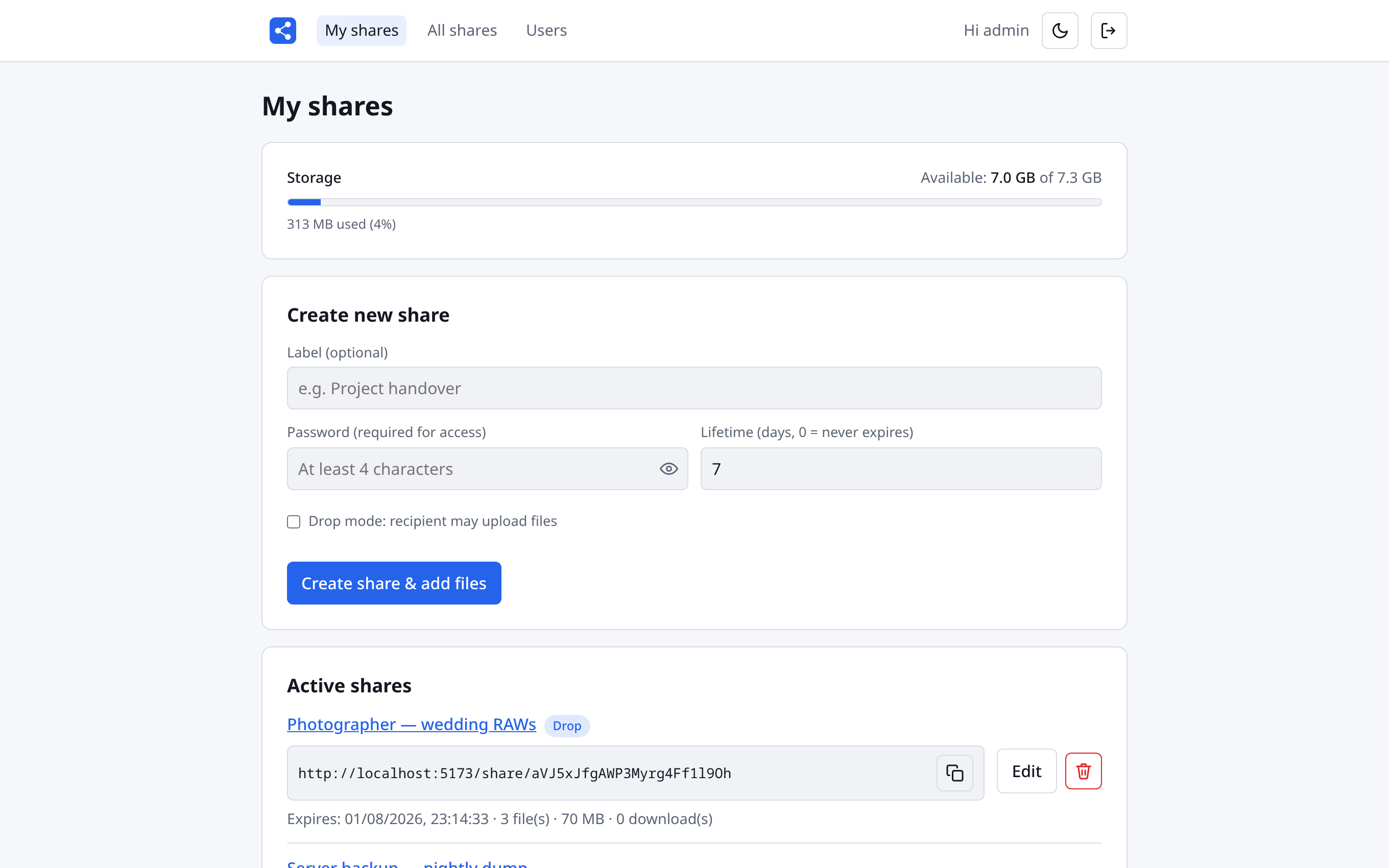 The My shares page: storage bar, the create-share form with label, password and lifetime fields, and the list of active share links