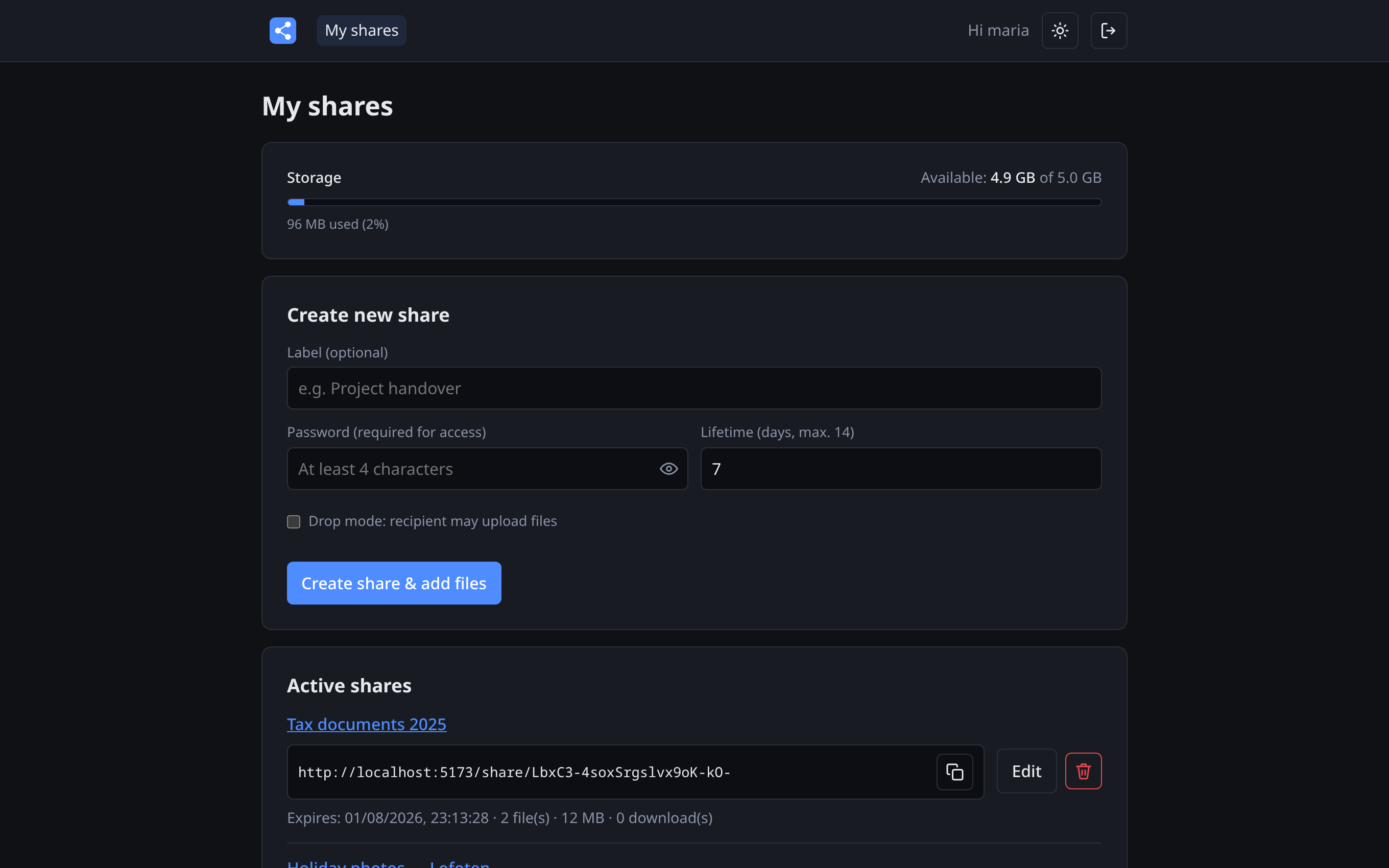 A user's My shares page: personal storage quota bar, create-share form with a max-14-days lifetime field, and the active shares list with copy, edit and delete actions