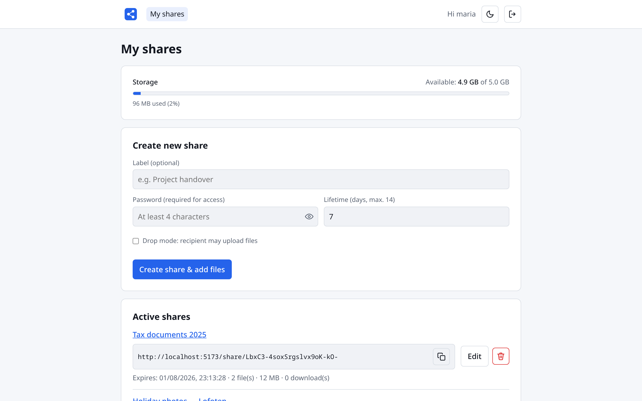 A user's My shares page: personal storage quota bar, create-share form with a max-14-days lifetime field, and the active shares list with copy, edit and delete actions