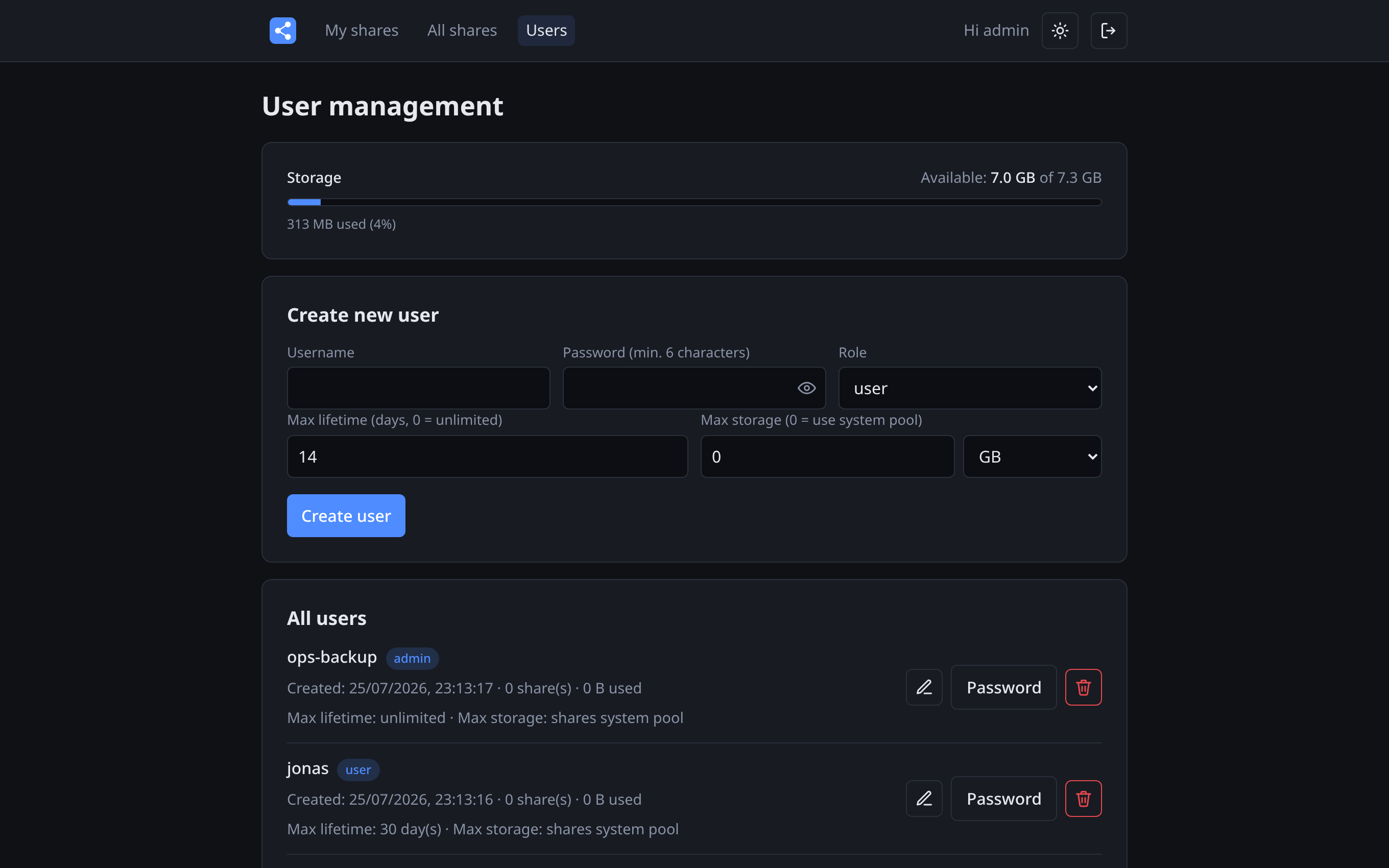 User management page: create-user form with role, max lifetime and max storage fields, and the user list showing per-user usage and limits