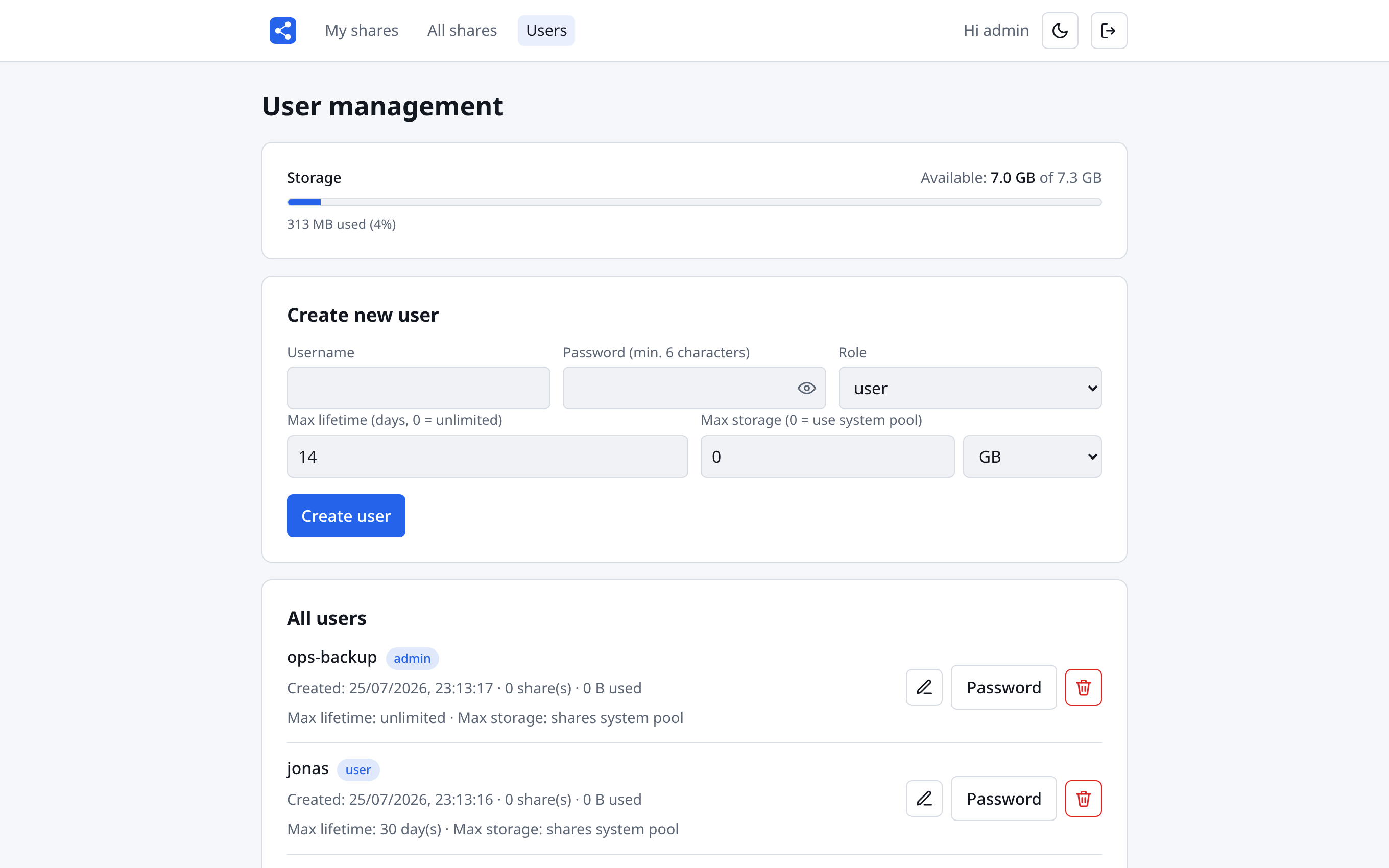 User management page: create-user form with role, max lifetime and max storage fields, and the user list showing per-user usage and limits